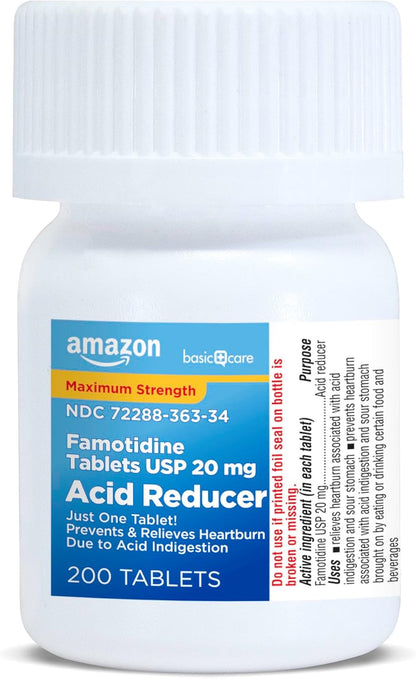 Amazon Basic Care Maximum Strength Famotidine Tablets 20 mg, Acid Reducer Pills for Heartburn Relief, 200 Count (Packaging may vary)