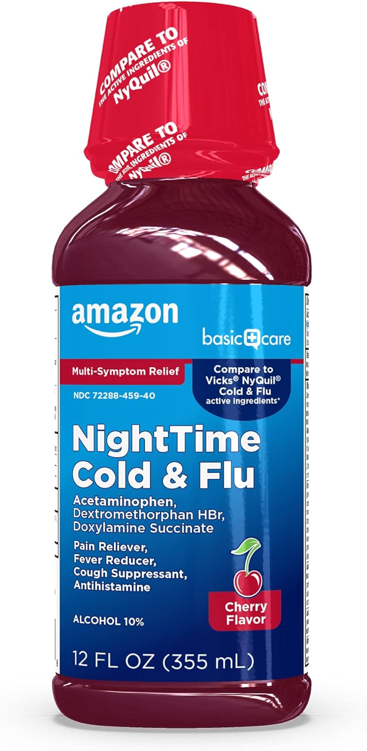 Basic Care Night Time Cold & Flu Liquid, Cherry, 12 fl oz (Pack of 1)